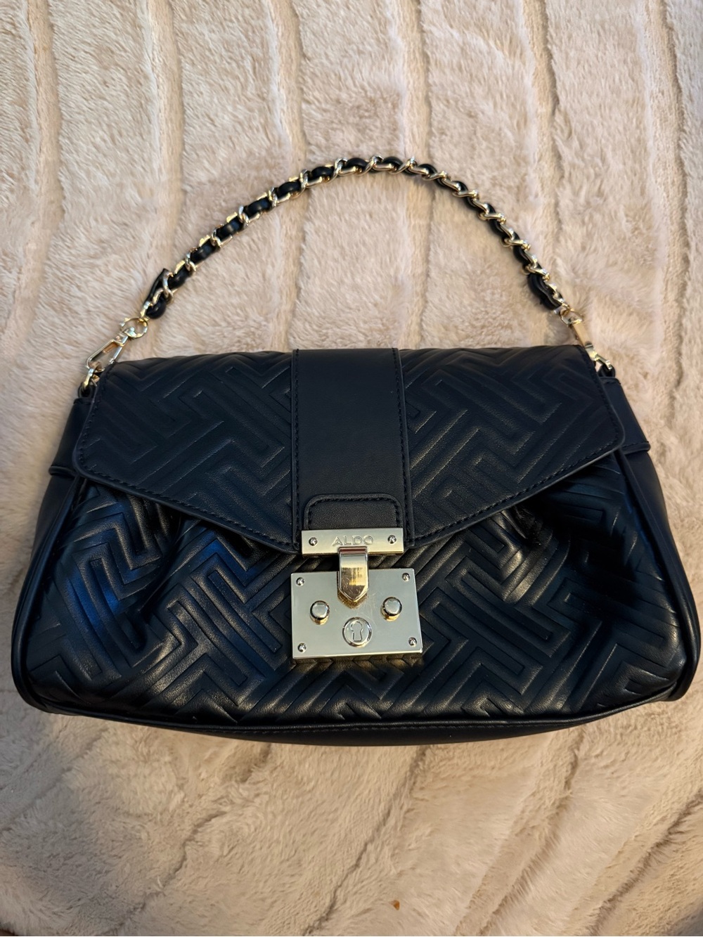 Aldo Black Quilted Shoulder Bag with Gold Chain Handle And Black Handle